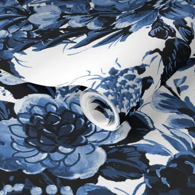 Spoonflower Pre-pasted Wallpaper Mid Century Modern Floral Cocktail Lonely Angel Blue And White 2' X 12' Removab In Multi