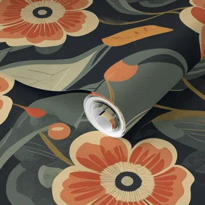 Spoonflower Pre-pasted Wallpaper Mid Century Modern Floral Pattern With Terracotta And Sage 2' X 12' Removable