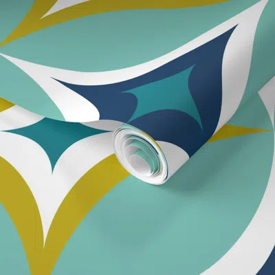 Spoonflower Pre-pasted Wallpaper Mid Century Modern Geometric Starburst - Scandinavian Atomic Aqua Navy (r)  Rem In Blue