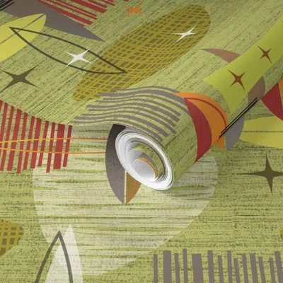 Spoonflower Pre-pasted Wallpaper Mid Century Modern Graphic Lime Green 2' X 12' Removable In Multi