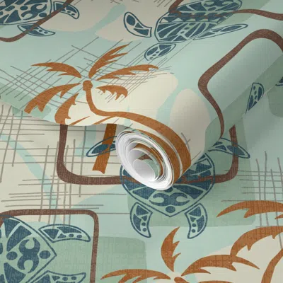 Spoonflower Pre-pasted Wallpaper Mid Century Modern Hawaii - Turtles Palm Trees 2' X 12' Removable