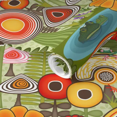 Spoonflower Pre-pasted Wallpaper Mid Century Modern (mcm) Wonderland Forest Frogs (with Crowns) / Midmod / 2' X 