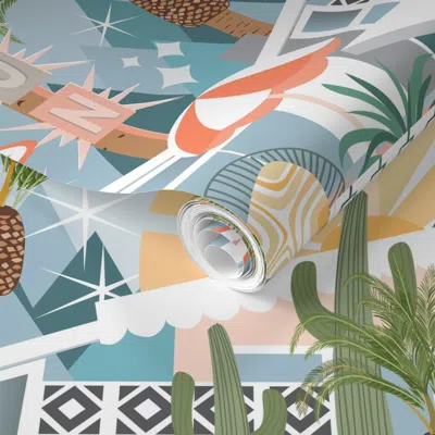 Spoonflower Pre-pasted Wallpaper Mid Century Modern Palm Springs Houses 2' X 12' Removable