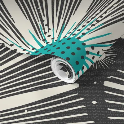 Spoonflower Pre-pasted Wallpaper Mid Century Modern Retro Starburst Geometric - Black & Teal Large 2' X 12' Remo