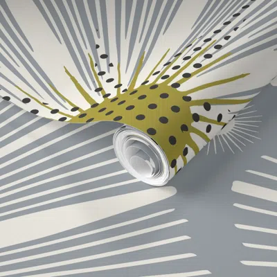 Spoonflower Pre-pasted Wallpaper Mid Century Modern Retro Starburst Geometric - Gray & Olive Green Jumbo 2' X 12