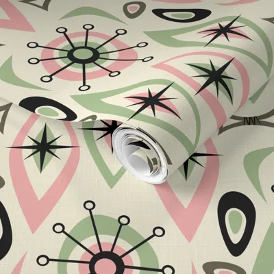 Spoonflower Pre-pasted Wallpaper Mid Century Shapes - Pink And Green Rotated 90 Degrees 2' X 12' Removable