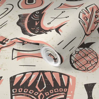 Spoonflower Pre-pasted Wallpaper Mid Century Tropical Tiki - Retro Hawaiian Surf Polynesian Cream Pink (j) 2' X  In Multi