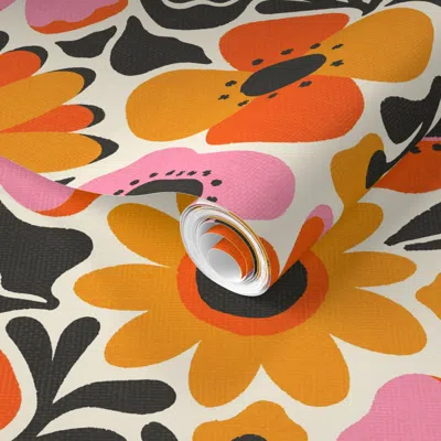 Spoonflower Pre-pasted Wallpaper Mid Mod Meadow In Pink And Orange 2' X 12' Removable