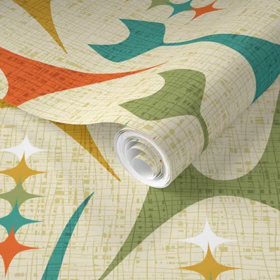 Spoonflower Pre-pasted Wallpaper Mid Mod Meow On Tan 2' X 12' Removable In Multi