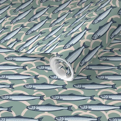 Spoonflower Pre-pasted Wallpaper Mid Swim In Sync Sardines School - Green 2' X 12' Removable