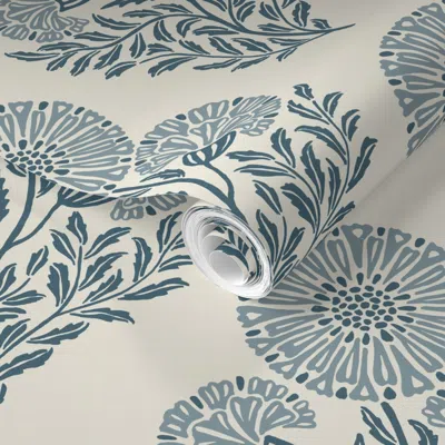 Spoonflower Pre-pasted Wallpaper Mid Three Wild Cornflowers Block Print - Farmhouse Calm Blue Beige Tonal 2' X 1