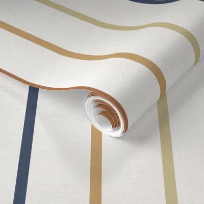 Spoonflower Pre-pasted Wallpaper Midi Vintage Camping Multi Colors Thin Stripes -terracotta/ Denim/ Khaki 2' X 1