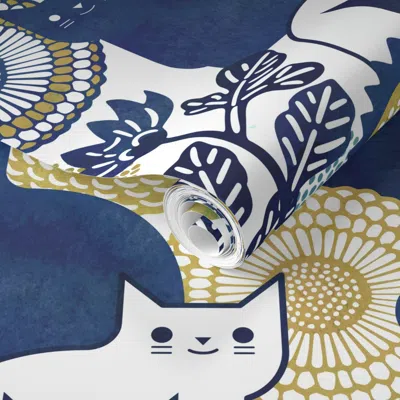 Spoonflower Pre-pasted Wallpaper Midsummer Cats Extra Large Cat And Flowers Vintage Japanese Floral Home 2' X 12 In Multi