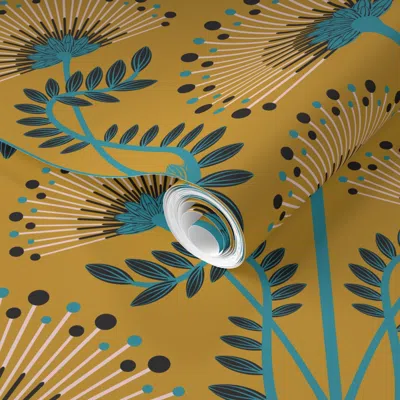 Spoonflower Pre-pasted Wallpaper Mimosa Art Deco Floral Botanical Damask Mustard Blue Black Medium 2' X 12' Remo In Multi