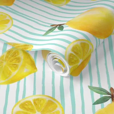 Spoonflower Pre-pasted Wallpaper Mini Lemon Watercolor Watercolor Citrus Fruit Lemons Lemon Mint Stripe 2' X 12'