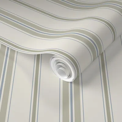 Spoonflower Pre-pasted Wallpaper Mini Stripes In Herb Green And Blue  Removable In Neutral