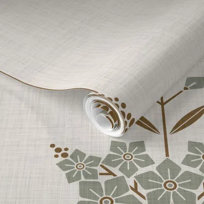 Spoonflower Pre-pasted Wallpaper Minimalist Floral On Faux Linen In Earthy Tones Ecru Large 2' X 12' Removable