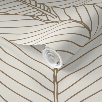 Spoonflower Pre-pasted Wallpaper Minimalist Foliage Herringbone Style Beige & Gold 2' X 12' Removable