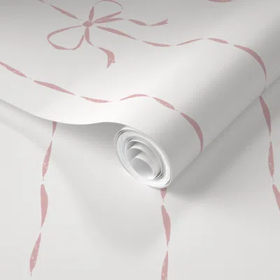 Spoonflower Pre-pasted Wallpaper Minimalist Preppy Bows And Vertical Ribbon Stripe In Nancys Blushes 2' X 12' Re