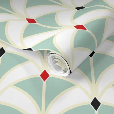 Spoonflower Pre-pasted Wallpaper Mint Art Deco Ribbon Weave Mermaid Tail 2' X 12' Removable