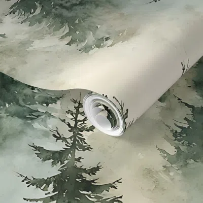 Spoonflower Pre-pasted Wallpaper Misty Pines/watercolor Forest Landscape/ Design Featuring Tall Evergreen 2' X 1