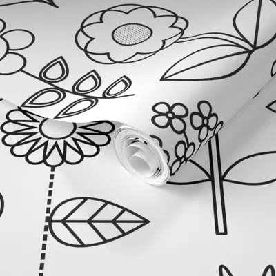 Spoonflower Pre-pasted Wallpaper Mod Doodle Blooms 2' X 12' Removable In White