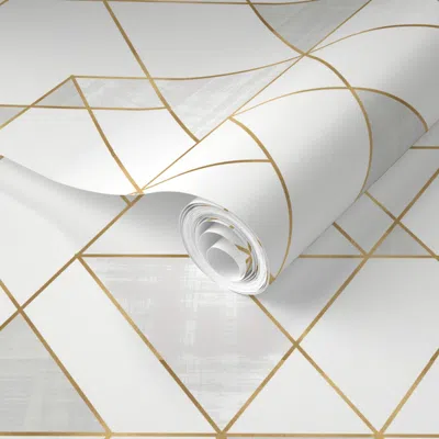 Spoonflower Pre-pasted Wallpaper Mod Triangles White Gold - L 2' X 12' Removable In Multi