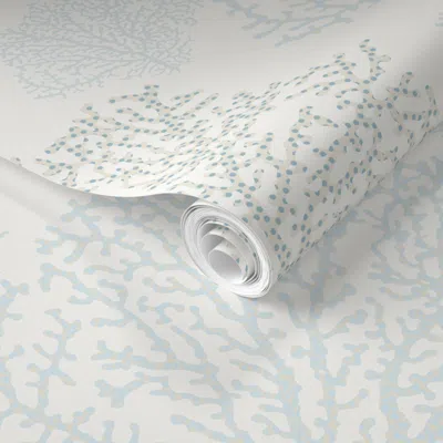 Spoonflower Pre-pasted Wallpaper Modern Coastal Coral - Mist Blue On Soft White 2' X 12' Removable