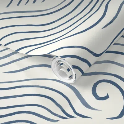 Spoonflower Pre-pasted Wallpaper Modern Coastal Wave Lines - Abstract Nautical Wavy Sea - Classic Navy Blue  Rem