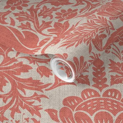 Spoonflower Pre-pasted Wallpaper Modern Damask/year Of The Rabbits /salmon/textured 2' X 12' Removable