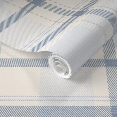 Spoonflower Pre-pasted Wallpaper Modern Farmhouse Plaid Linen Texture Cream White & Mist Blue 2' X 12' Removable