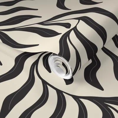 Spoonflower Pre-pasted Wallpaper Modern Japandi Minimalist Flowing Leaves In Monochromatic Black And Cream 2' X 