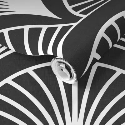 Spoonflower Pre-pasted Wallpaper Modern Linen Look Texture Scallop Fans In Large Scale Graphite Black 2' X 12' R
