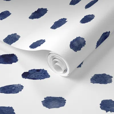 Spoonflower Pre-pasted Wallpaper Modern Minimal Watercolor Indigo Dots - Brush Marks Design-medium Scale 2' X 12