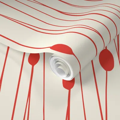 Spoonflower Pre-pasted Wallpaper Modern Minimalist Lines & Dot Geometric - Abstract Linear Dot Cream Red (r) 2' 