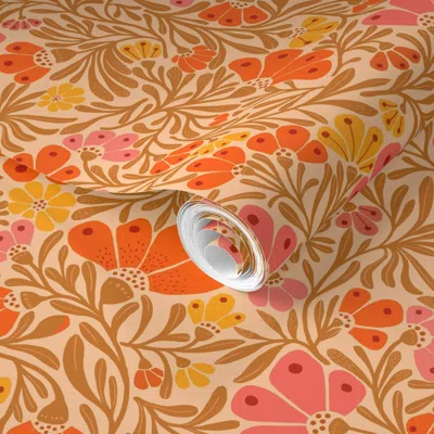 Spoonflower Pre-pasted Wallpaper Modern Retro Floral Cotton Candy Pastel Flowers 70s Red Orange Pink 2' X 12' Re
