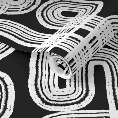 Spoonflower Pre-pasted Wallpaper Modern Squiggly Brush Strokes- White/black  Removable