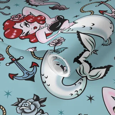 Spoonflower Pre-pasted Wallpaper Molly Mermaid By Miss Fluff 2' X 12' Removable In Multi