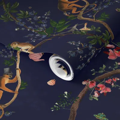 Spoonflower Pre-pasted Wallpaper Monkey World Darrell Blue  Removable