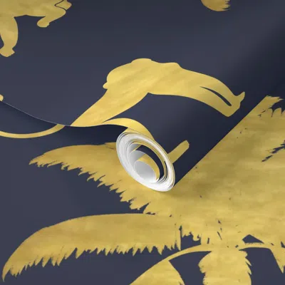 Spoonflower Pre-pasted Wallpaper Monkeys And Palms Gold And Navy Blue 2' X 12' Removable