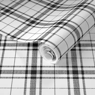 Spoonflower Pre-pasted Wallpaper Monochrome Plaid Ii Black On White - Medium Scale  Removable In Multi