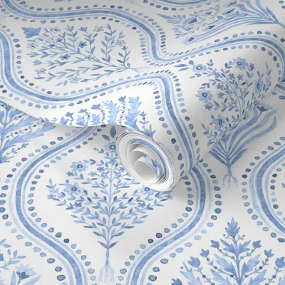 Spoonflower Pre-pasted Wallpaper Monticello Cobalt Blue On White 2' X 12' Removable