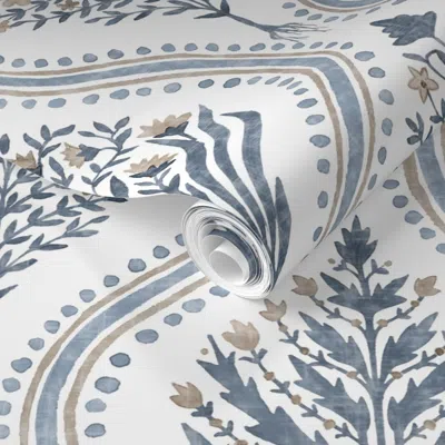 Spoonflower Pre-pasted Wallpaper Monticello Indigo And Tan Copy 2' X 12' Removable
