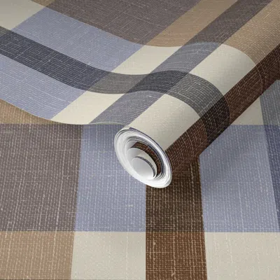 Spoonflower Pre-pasted Wallpaper Moody Plaid In Payne's Grey Tan And Chocolate 2' X 12' Removable