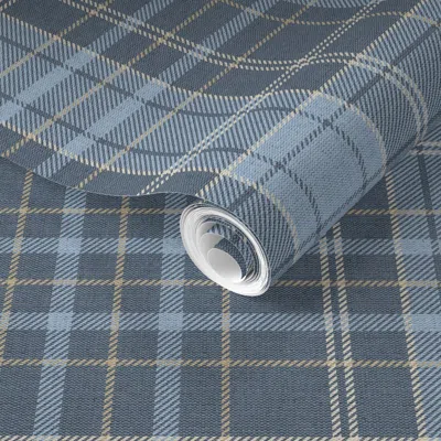 Spoonflower Pre-pasted Wallpaper Morgan Tartan Textured Plaid - Celestial Blue & Gold - Large Repeat 2' X 12' Re