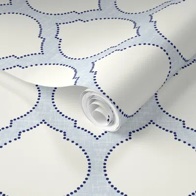 Spoonflower Pre-pasted Wallpaper Moroccan Trellis - Light Blue On Cream White - Medium 2' X 12' Removable In Multi