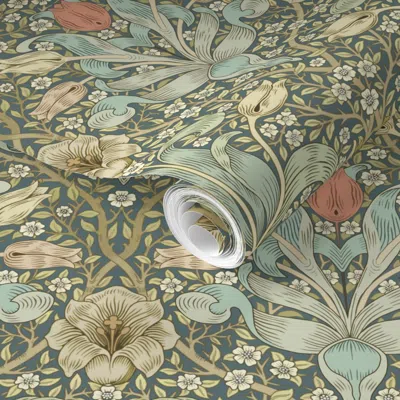 Spoonflower Pre-pasted Wallpaper Morris Spring Thicket Bright Teal Tiny 2' X 12' Removable