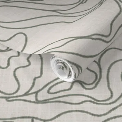 Spoonflower Pre-pasted Wallpaper Moss Green Beige Japandi Drawn Topographic Lines Trace Linen Texture Rustic  Re