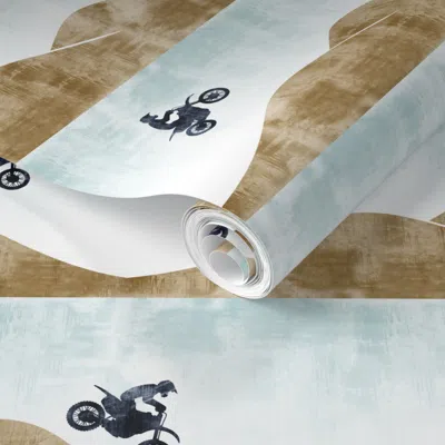 Spoonflower Pre-pasted Wallpaper Motocross / Dirt Bike Blue&tan 2' X 12' Removable