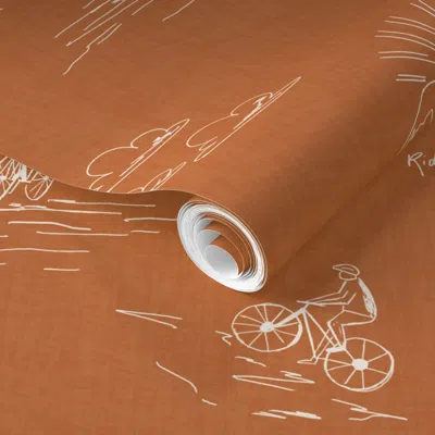 Spoonflower Pre-pasted Wallpaper Mountain Biking Toile - Outdoor Lover Elegant Minimalism - Warm Brown Decor 2' 